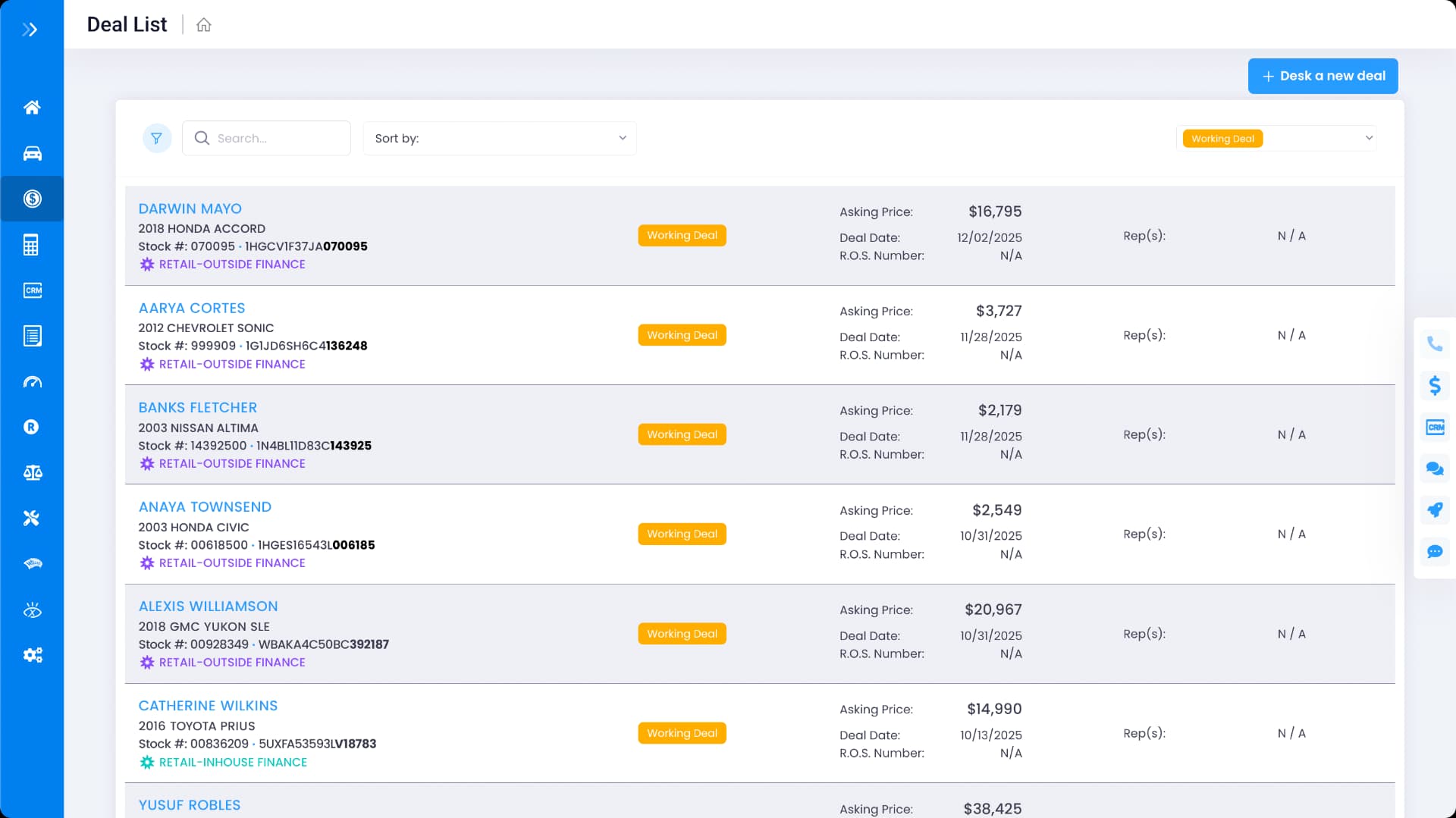 Get My Auto DMS Intelligent Deal Desk showing a list of active vehicle deals with customer names, stock numbers, VINs, pricing, and deal status for Honda Accord, Chevrolet Sonic, Nissan Altima, and other vehicles