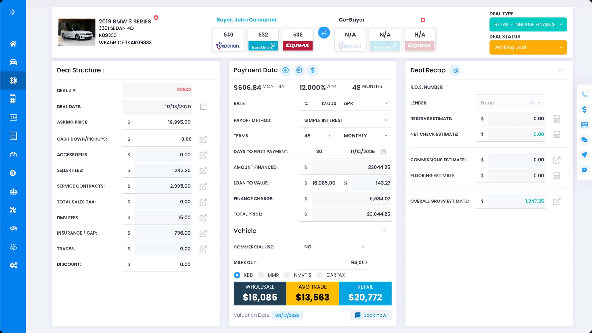 Get My Auto DMS Deal Desk Interface showing vehicle pricing, payment calculator, and deal structuring