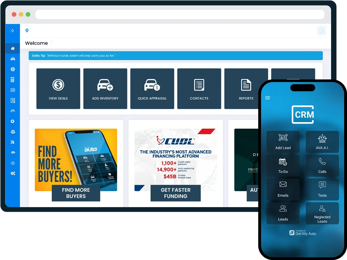 Get My Auto platform running on tablet and mobile devices showing the CRM dashboard interface