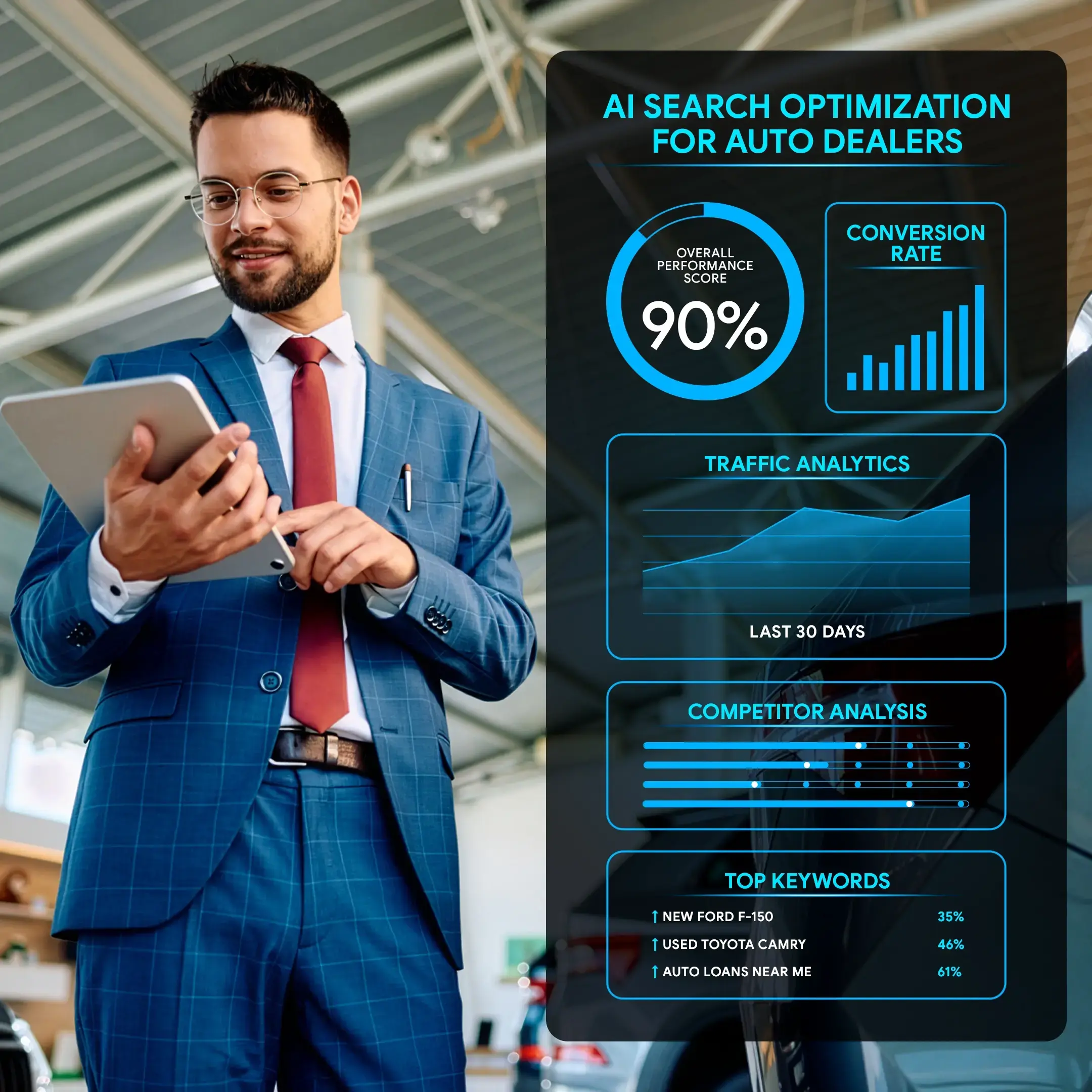 Dashboard showing AI search optimization metrics for auto dealers