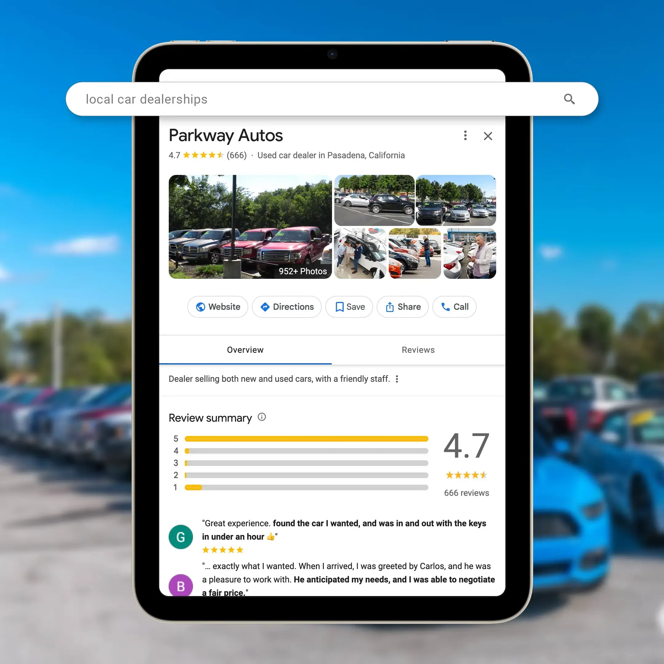 Example of AI search results showing auto dealer information prominently featured