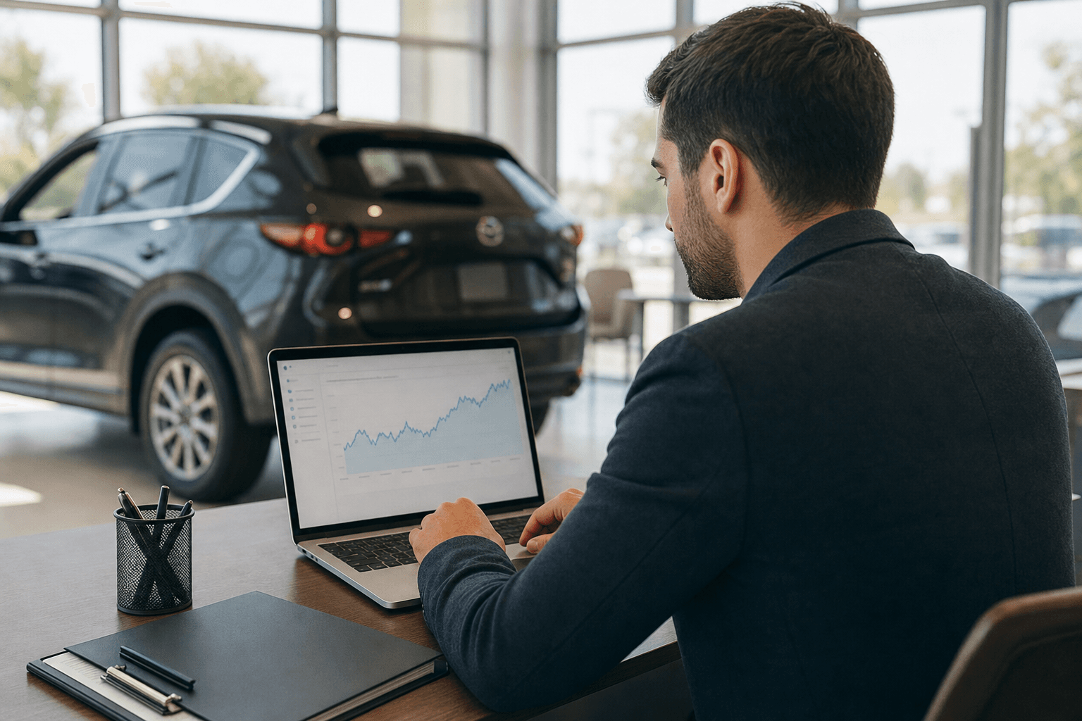 Car dealer reviewing website analytics and search rankings on a laptop in dealership showroom