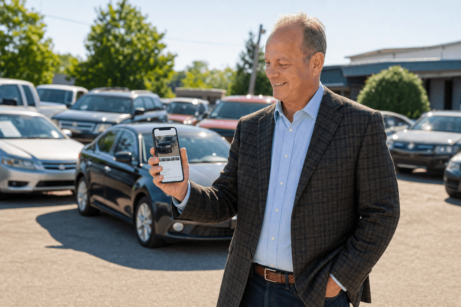 A dealership owner reviewing a Craigslist listing on their phone while standing on the lot with inventory behind them