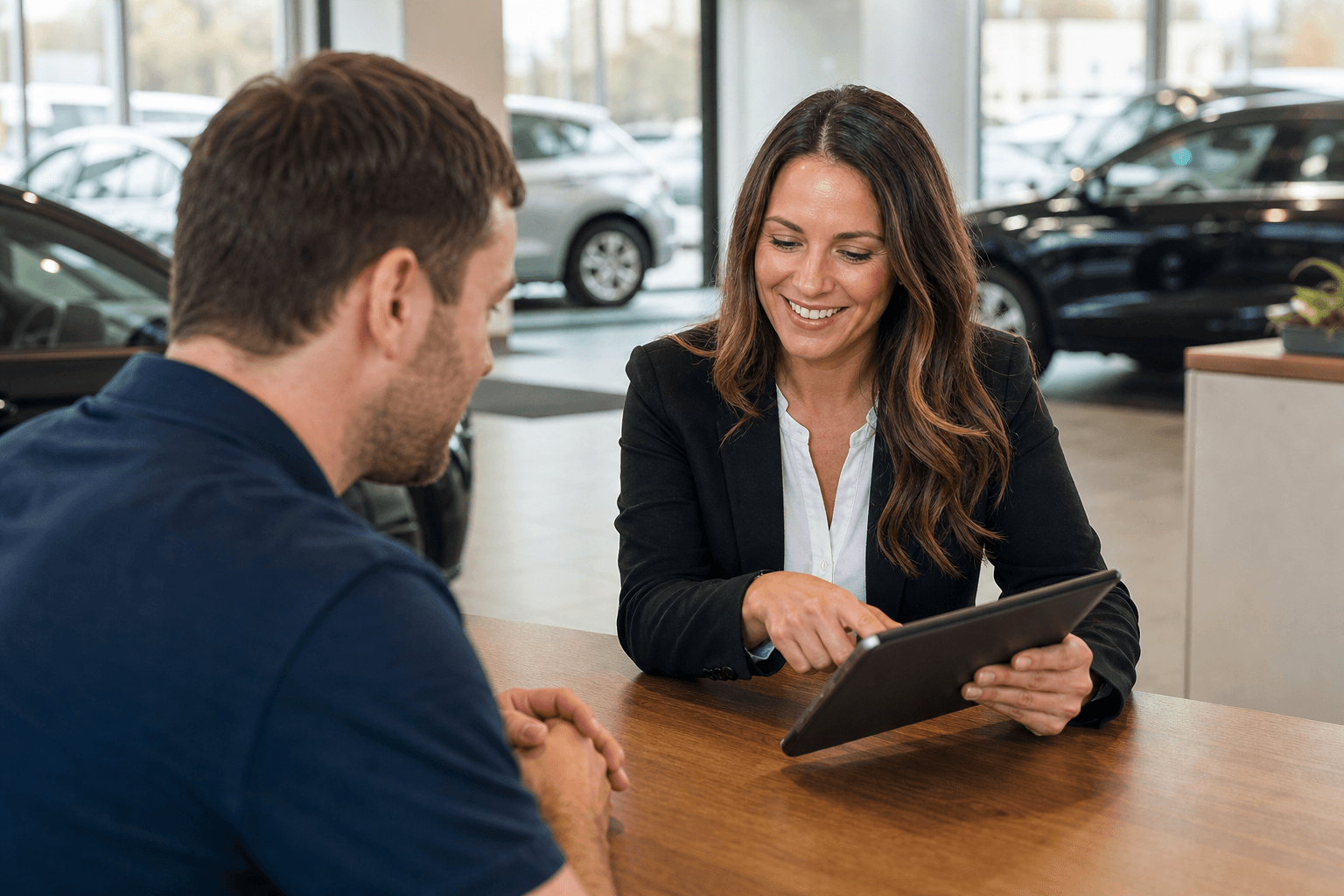 Car dealership salesperson reviewing paperwork on a tablet with a customer at a desk