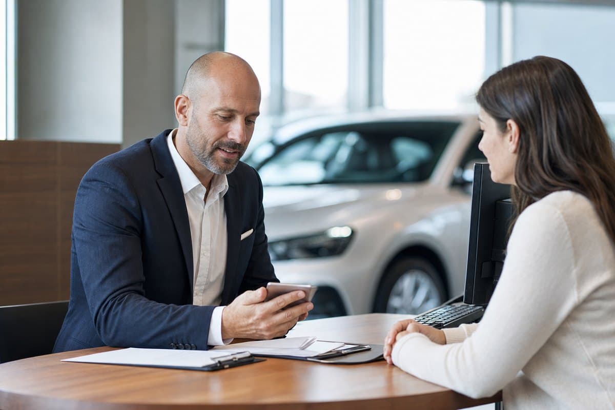 Dealership finance manager reviewing financing paperwork and a tablet with a customer at the F and I desk