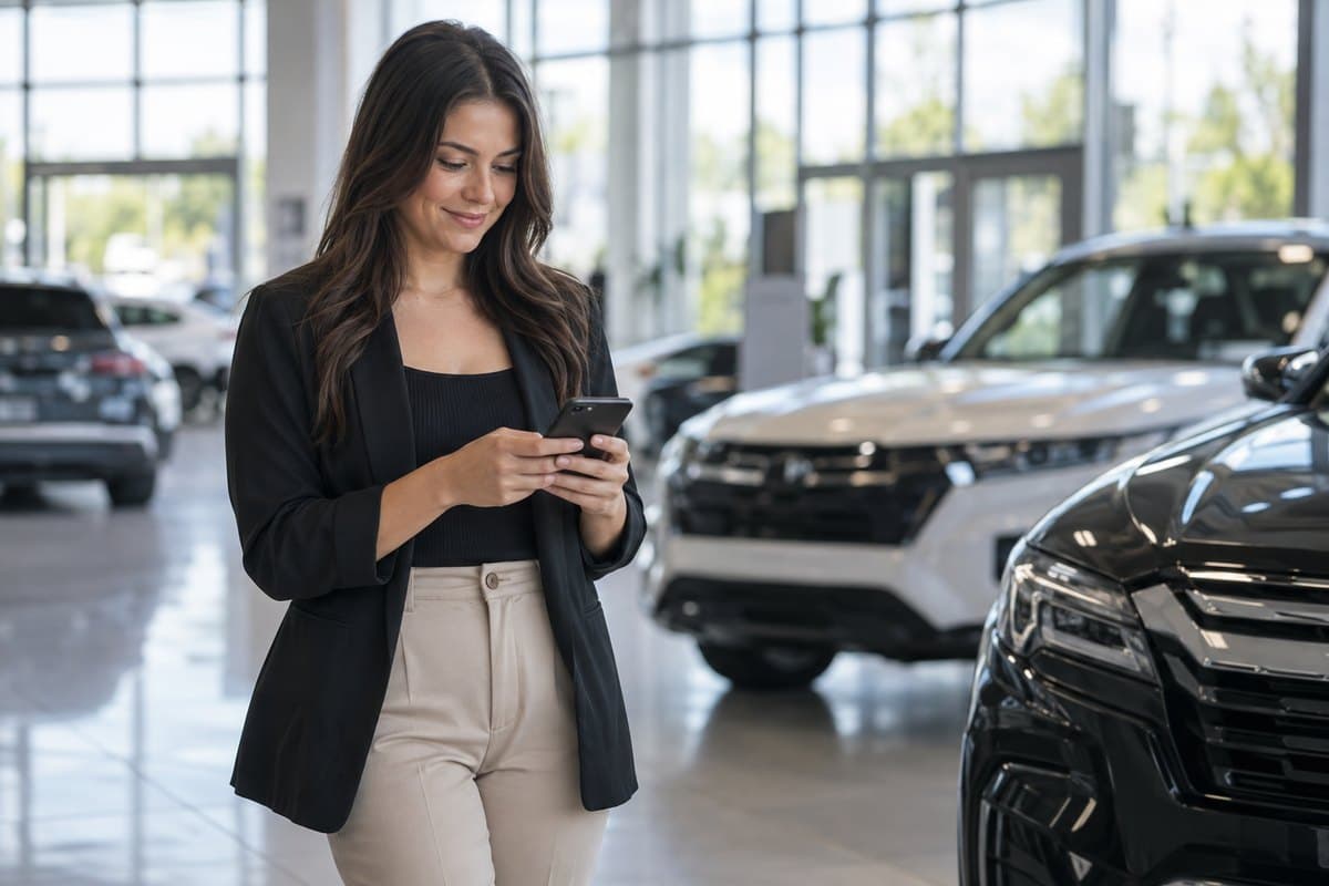 Dealership BDC agent texting a car shopper from the showroom floor with vehicles in the background