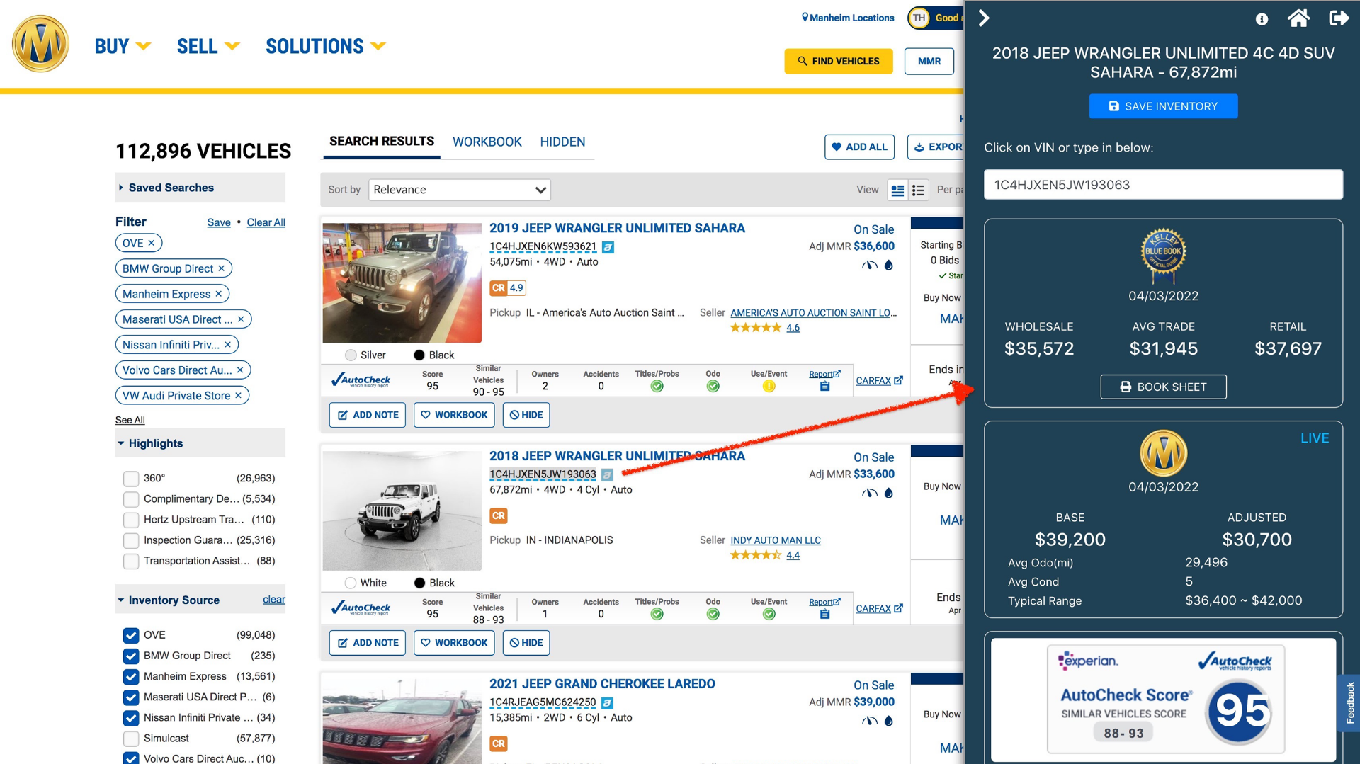VIN+ Browser Extension showing vehicle valuation overlay on Manheim auction listing with KBB and Manheim pricing data