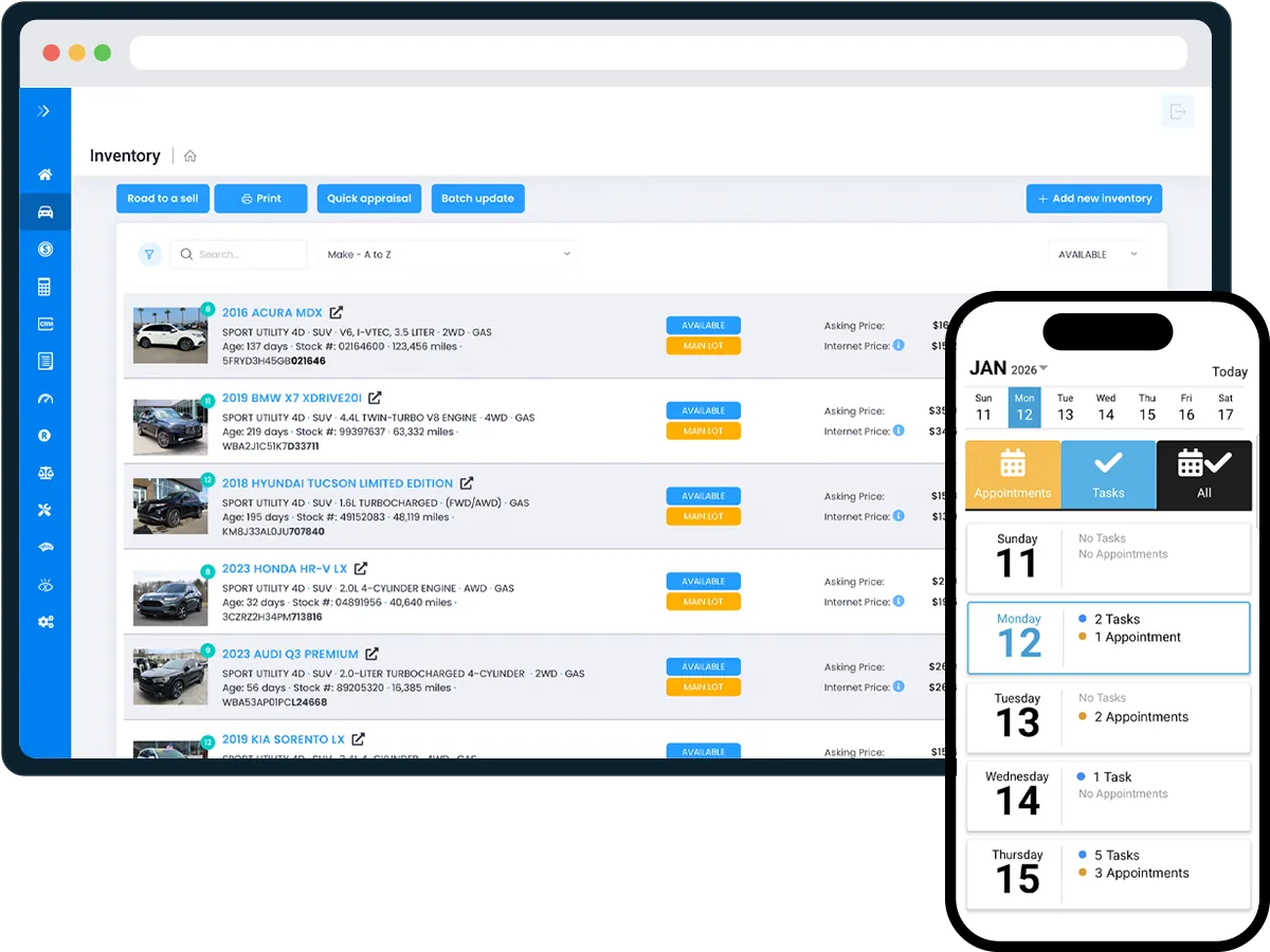 VIN+ Cross-Platform Sync showing desktop inventory dashboard with mobile calendar integration