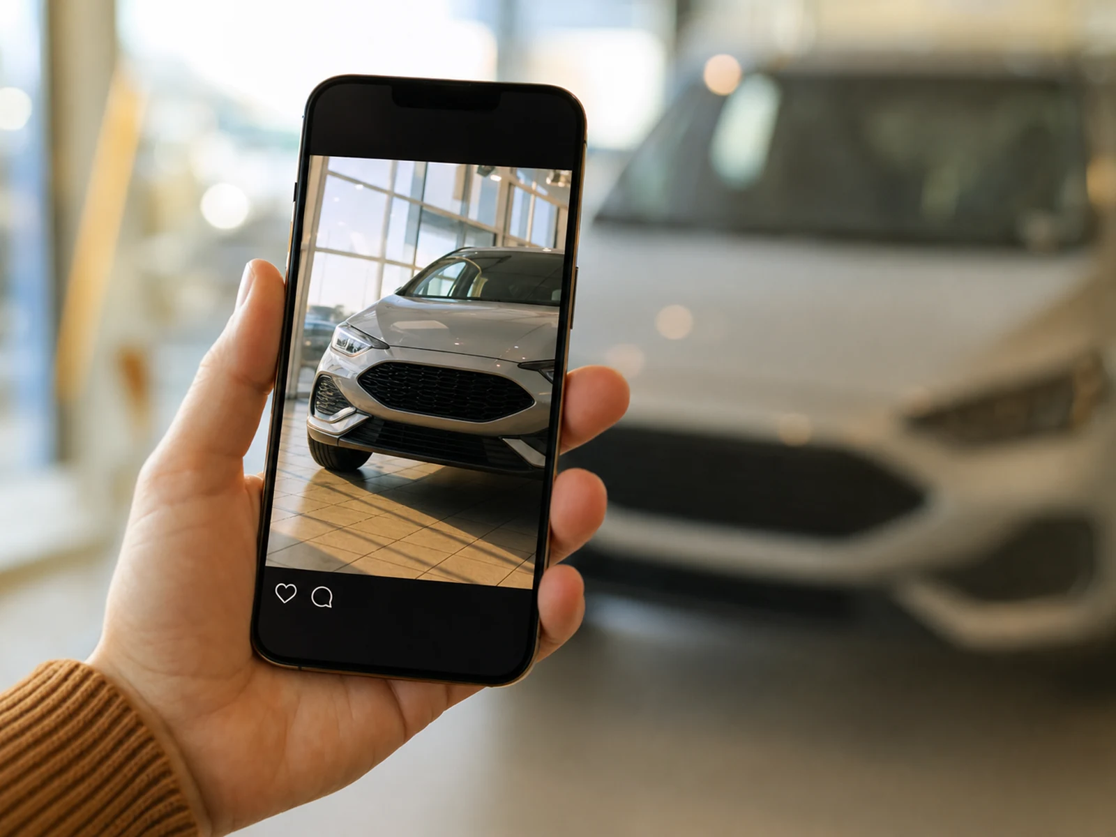 Auto dealer's Facebook and Instagram car ad shown on a smartphone in the dealership showroom