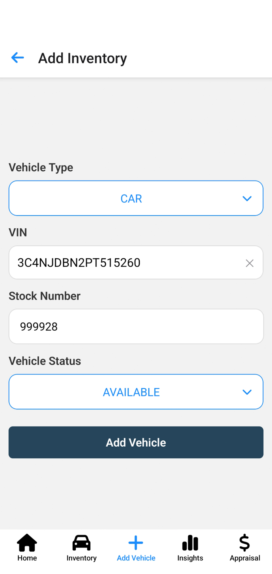 VIN+ add inventory form