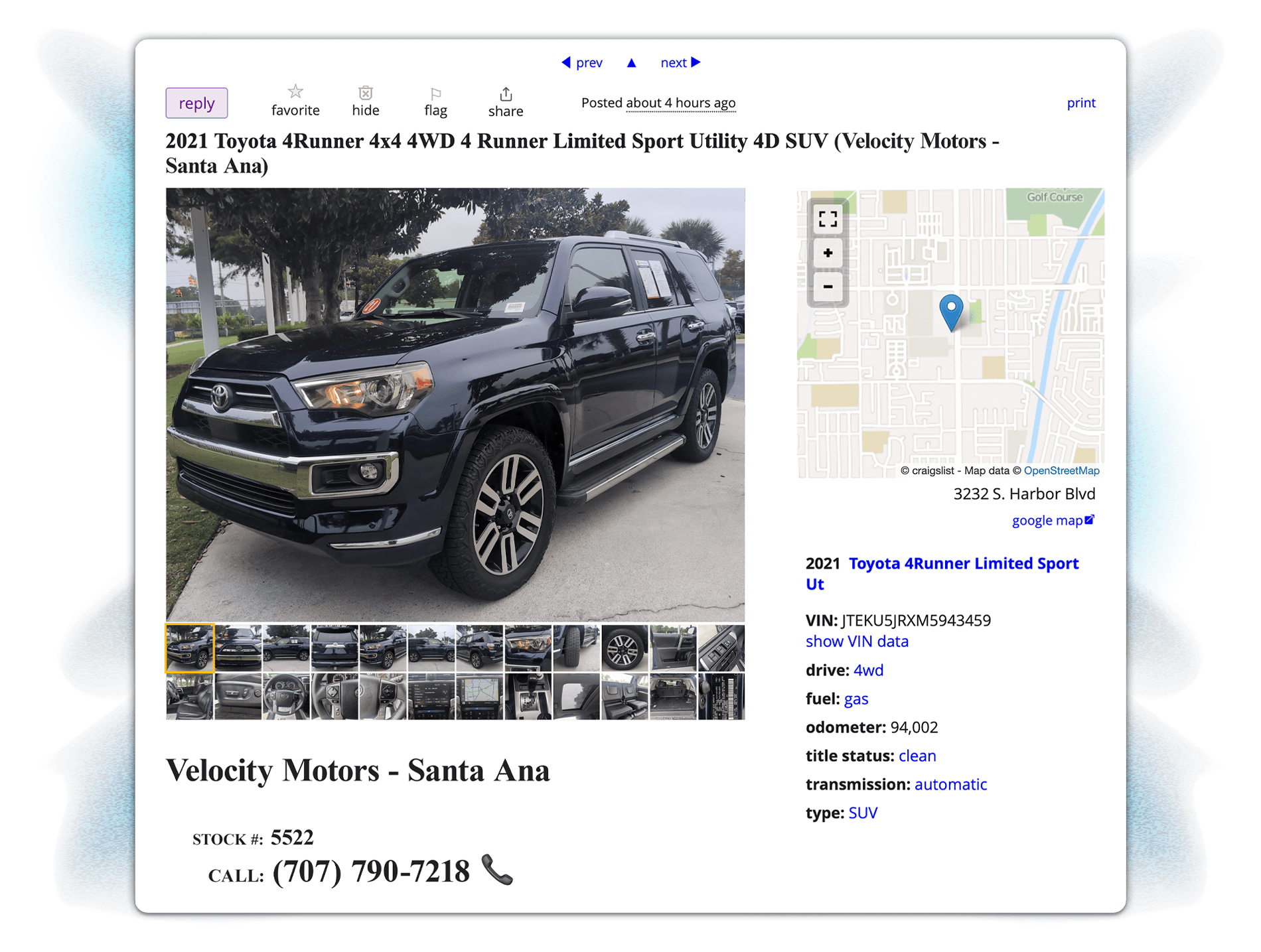 Craigslist vehicle listing showing a 2021 Toyota 4Runner with Smart Post Technology™ optimization