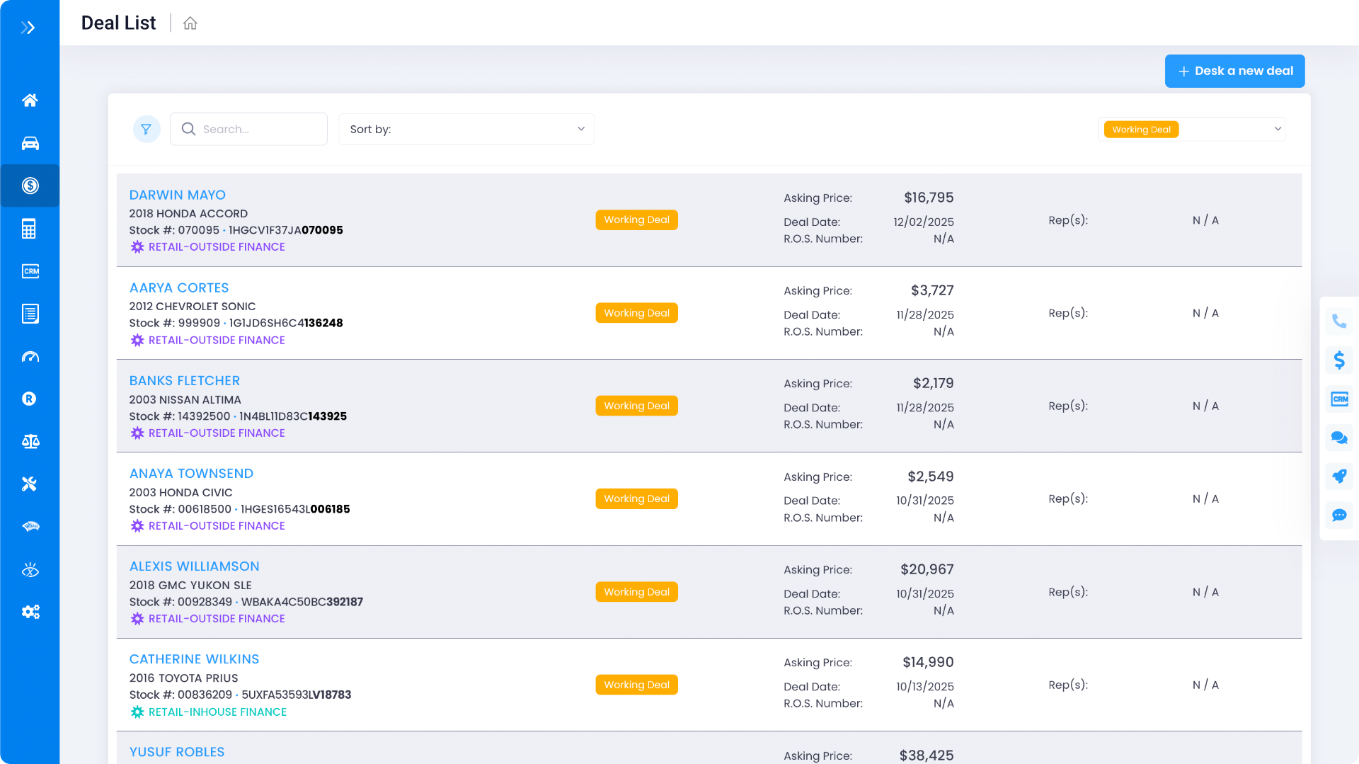 Get My Auto DMS Intelligent Deal Desk showing a list of active vehicle deals with customer names, stock numbers, VINs, pricing, and deal status for Honda Accord, Chevrolet Sonic, Nissan Altima, and other vehicles