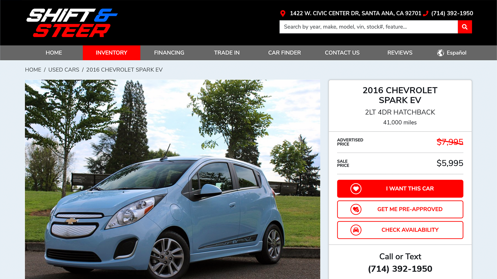 Lead capture website showing vehicle detail page with conversion CTAs