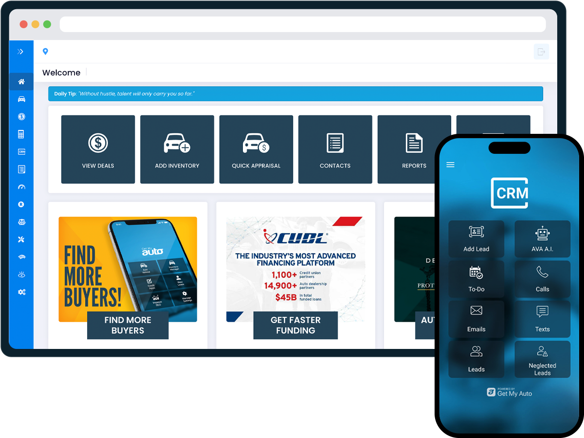 Get My Auto platform running on tablet and mobile devices showing the CRM dashboard interface