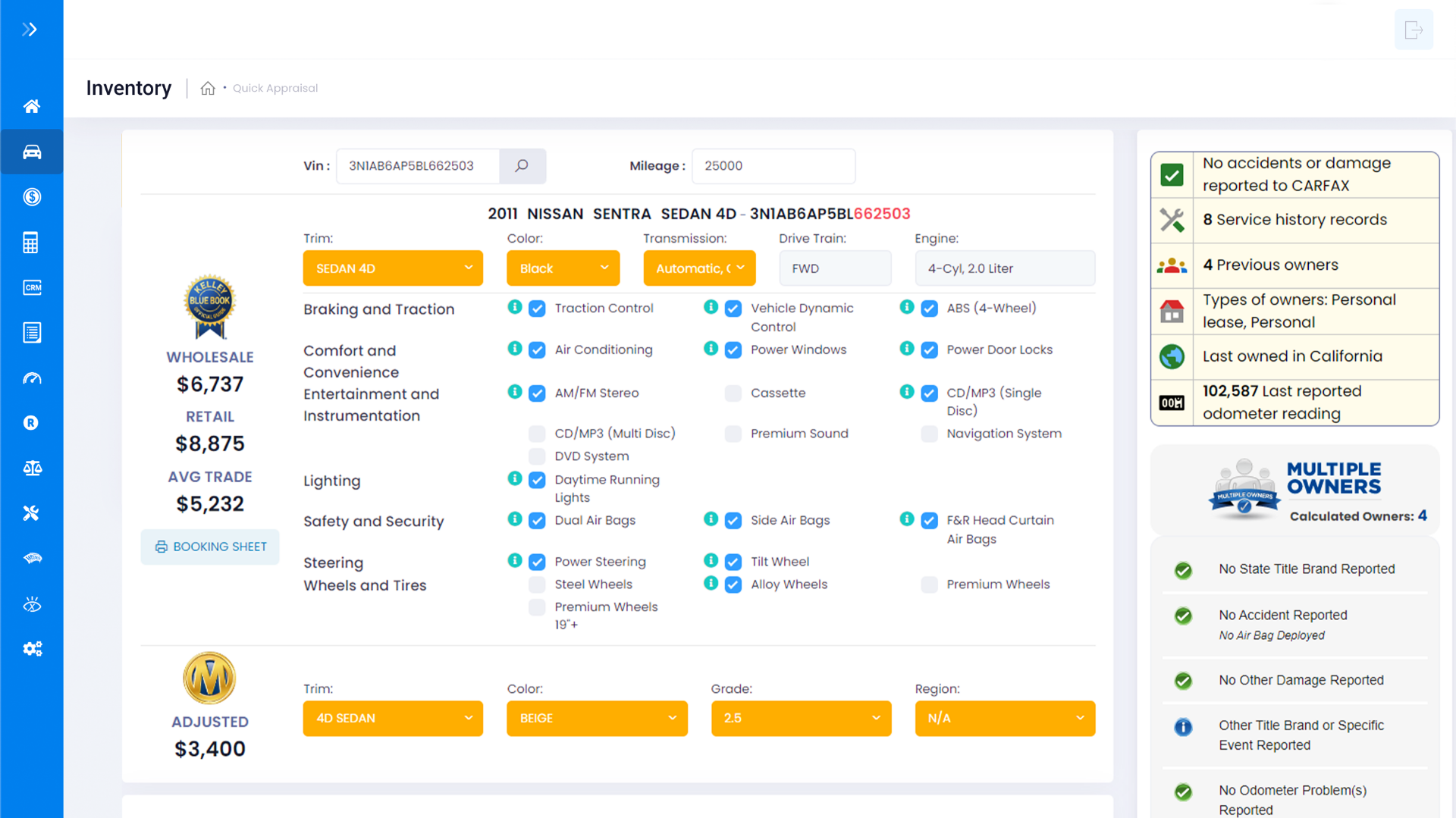 VIN+ Inventory Insight Dashboard showing vehicle valuations, specifications, and CARFAX history