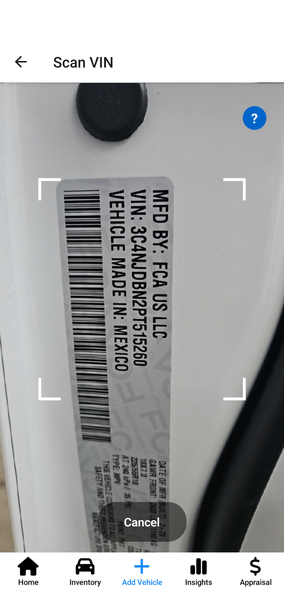 VIN+ camera scanning interface