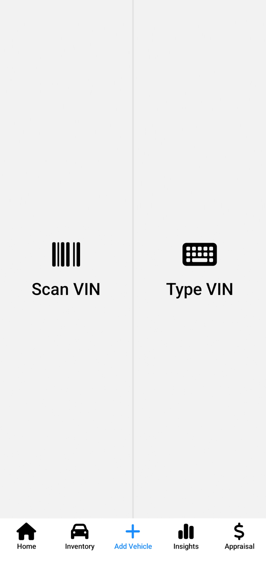 VIN+ scan or type VIN selection screen