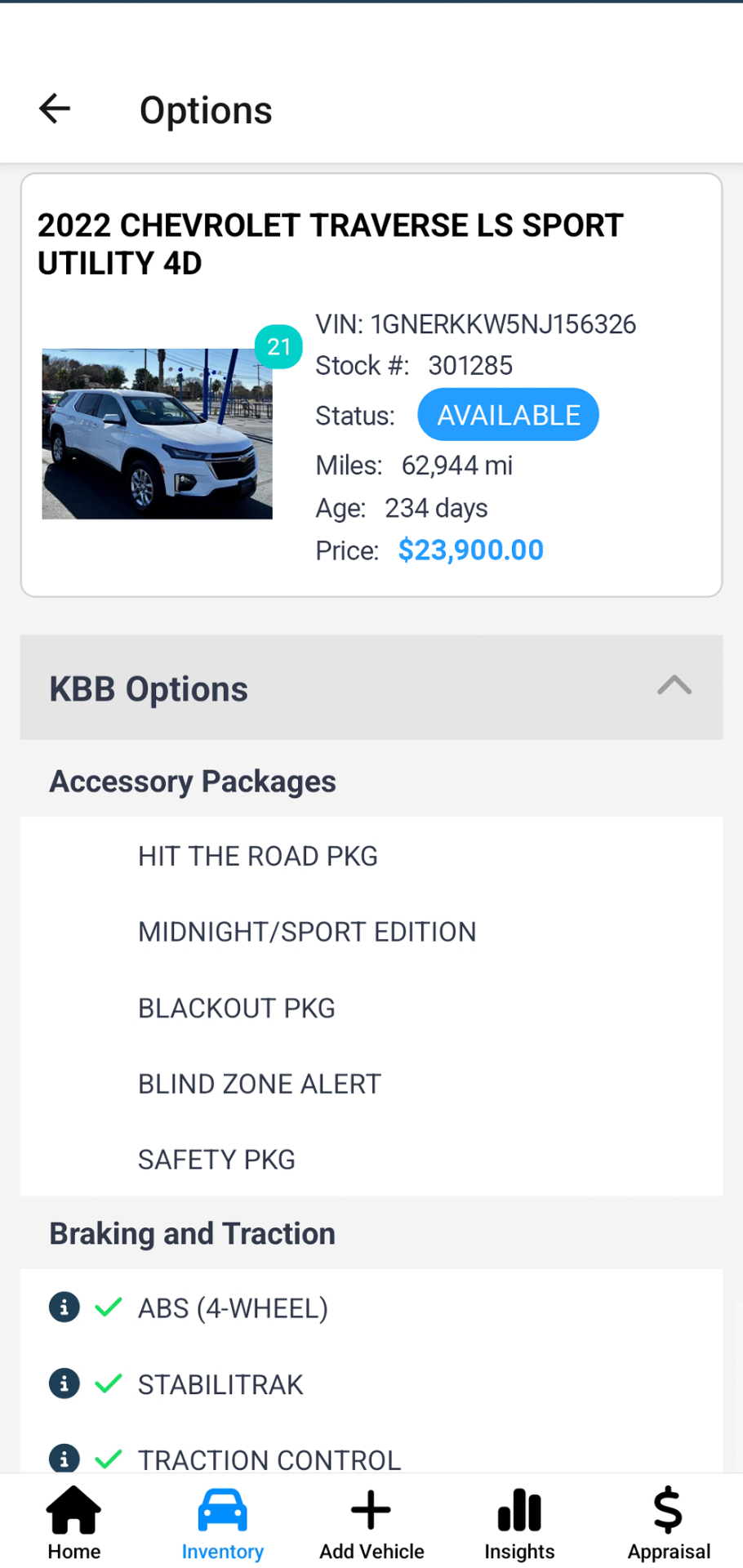 VIN+ Advanced Trim Decoder showing complete KBB options and accessory packages